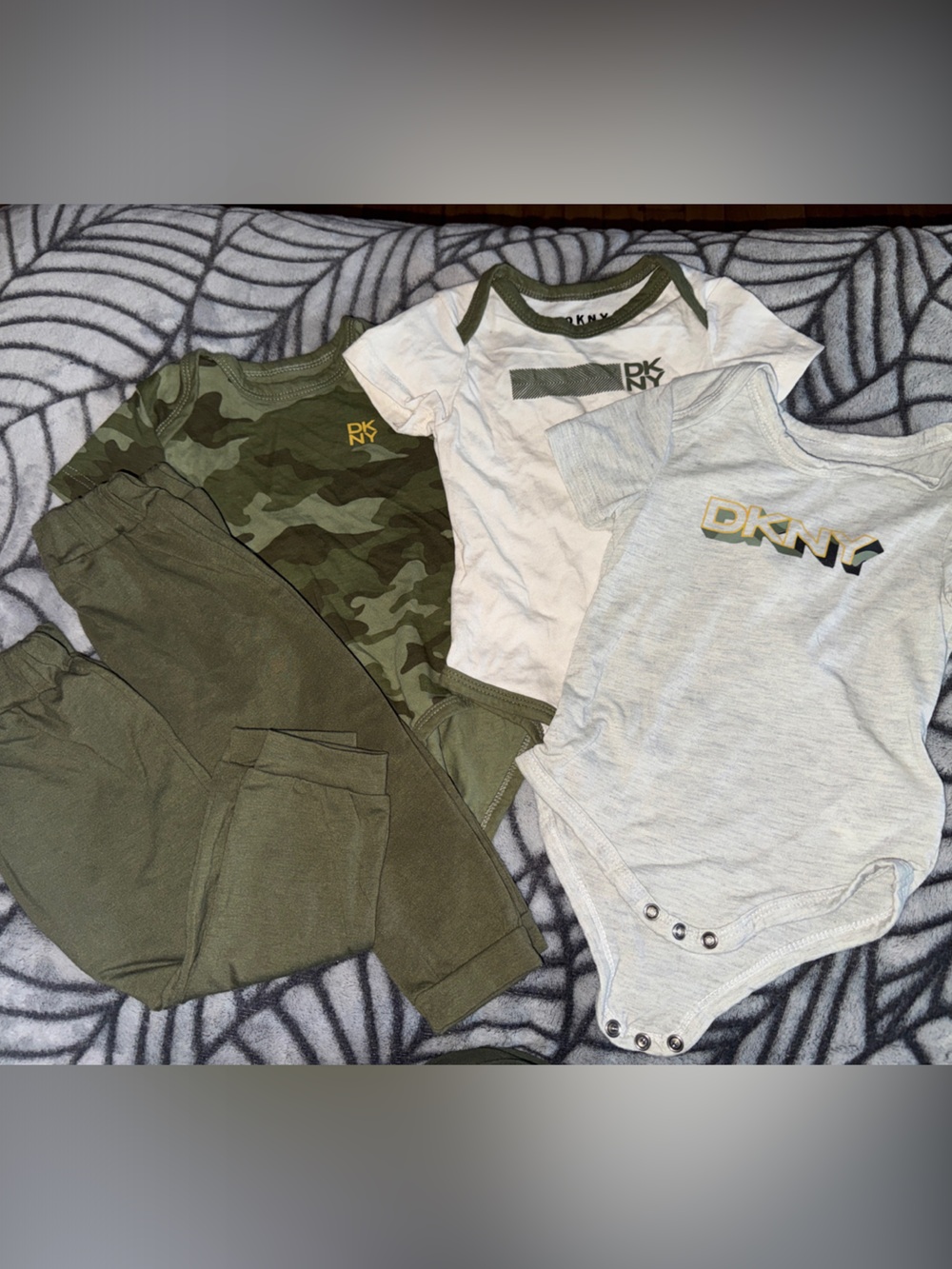 Bundle of 5 Baby DKNY 3-Piece Camo, Olive & Cream Bodysuit Set + 2 Pants, EUC